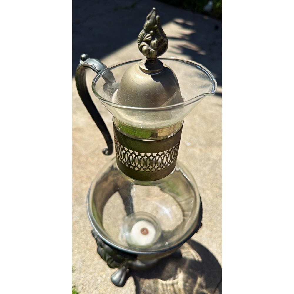 Clear Glass Pitcher Carafe w/ Silver Metal Holder Stand, Handle & Lid